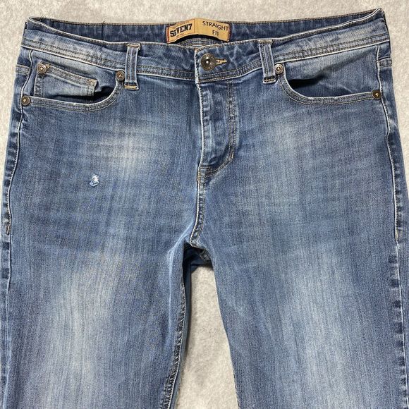Seven7 Jeans Womens 34x28 Blue Denim Straight Fit Faded Whiskered Distressed - Picture 2 of 14